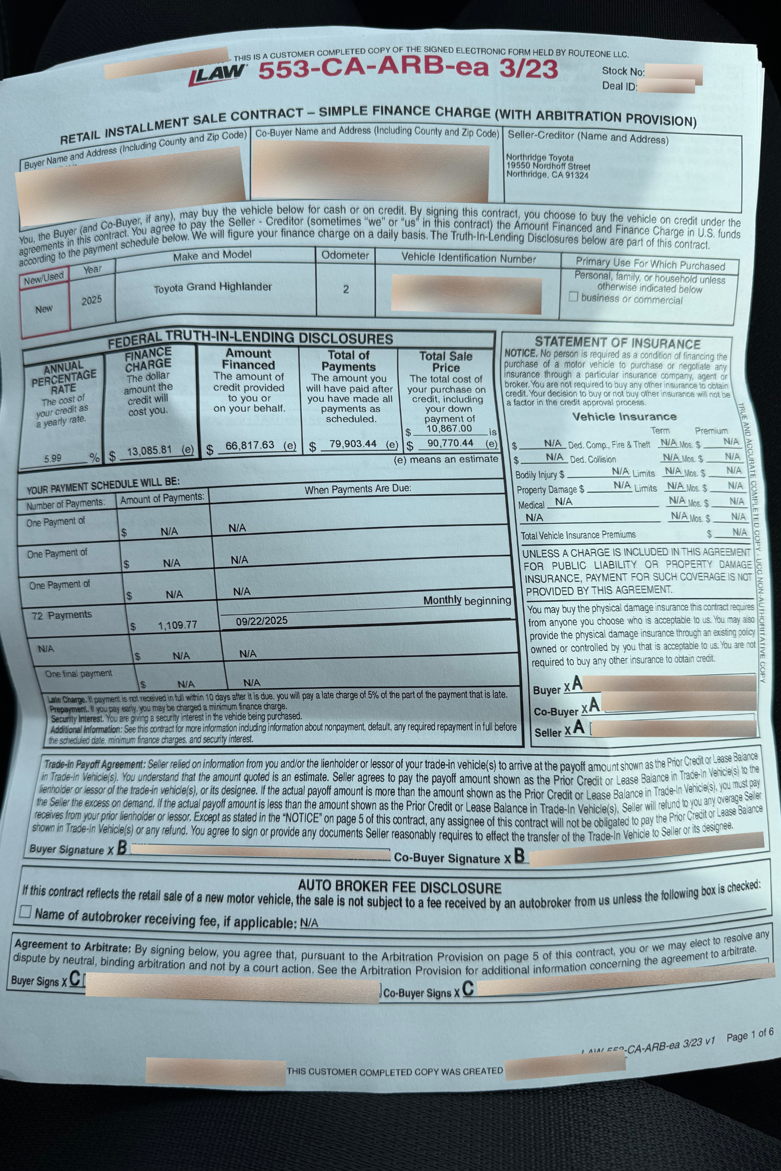 Scam experience with Northridge Toyota showing $90,770 Grand Highlander contract